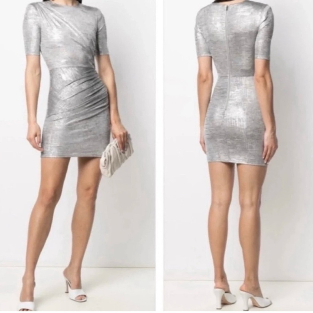 Alice + Olivia Delora Ruched Silver Mini Dress Back Zipper Short Sleeve Metallic